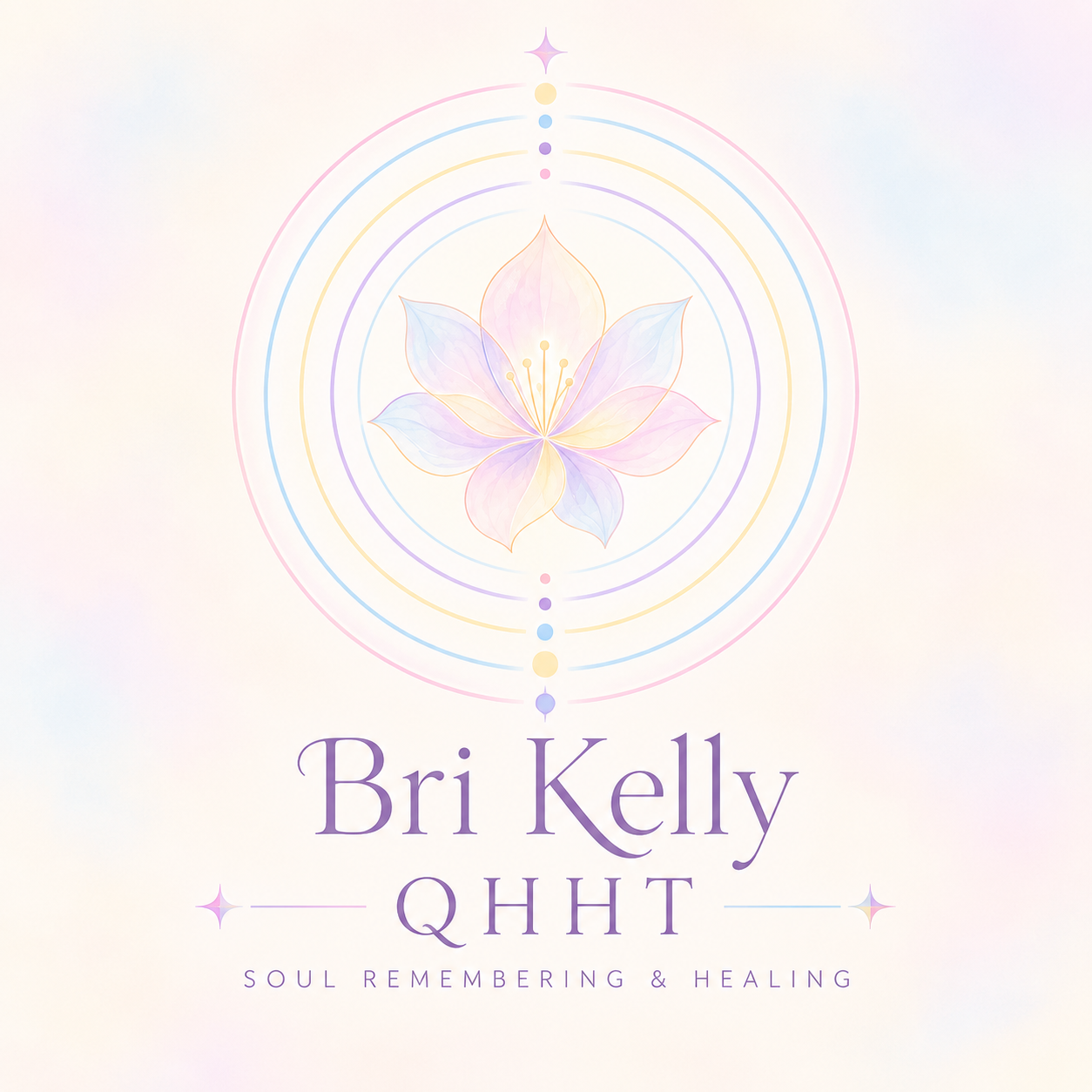 Bri Kelly QHHT logo: a pastel flower surrounded by concentric portal-like rings